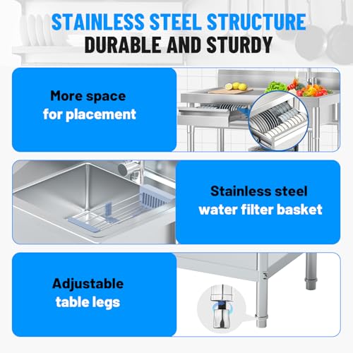 Image of Stainless Steel Utility Sink, Free-Standing Commercial Sink with Workbench, Drawer Storage & Hot /Cold Water Pipes for Kitchen Laundry, Farmhouse & Outdoor 39.5 x 23.6 x 31.4 in