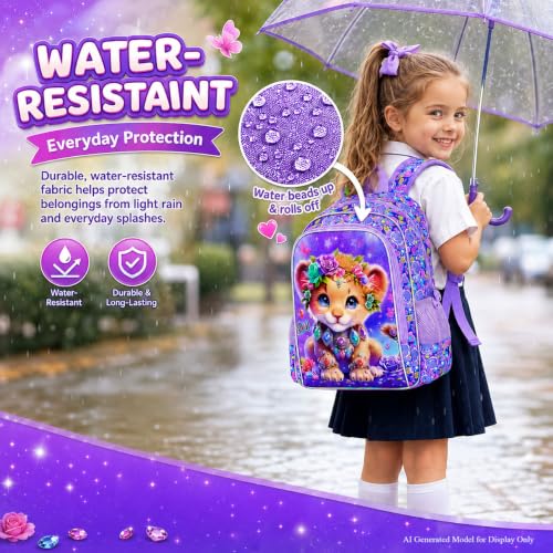 Image of 3Pcs Backpack for Girls, 16 inch Kids Bookbag with Lunch Box,Lion School Backpacks for Elementary Preschool Kindergarten (Purple)