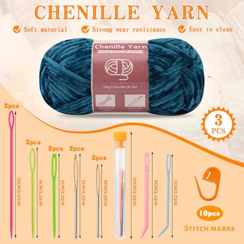 Image of LUNARM Chenille Yarn 3 Pack 3.5oz Chunky Blanket Velvet Yarn 263 Yard | Marine Green Chunky Chenille Yarn for Beginners Crocheting Hand Knitting Scarves with Big Eye Needles Machine Washable