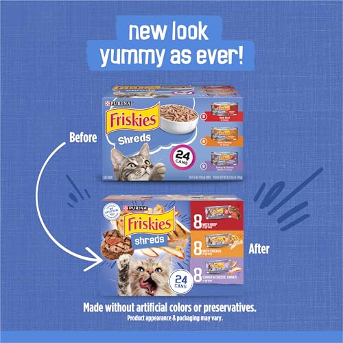 Purina Friskies Gravy Wet Cat Food Variety Pack, Shreds With Beef, With Chicken, and Turkey and Cheese Dinner - (Pack of 24) 5.5 oz. Cans