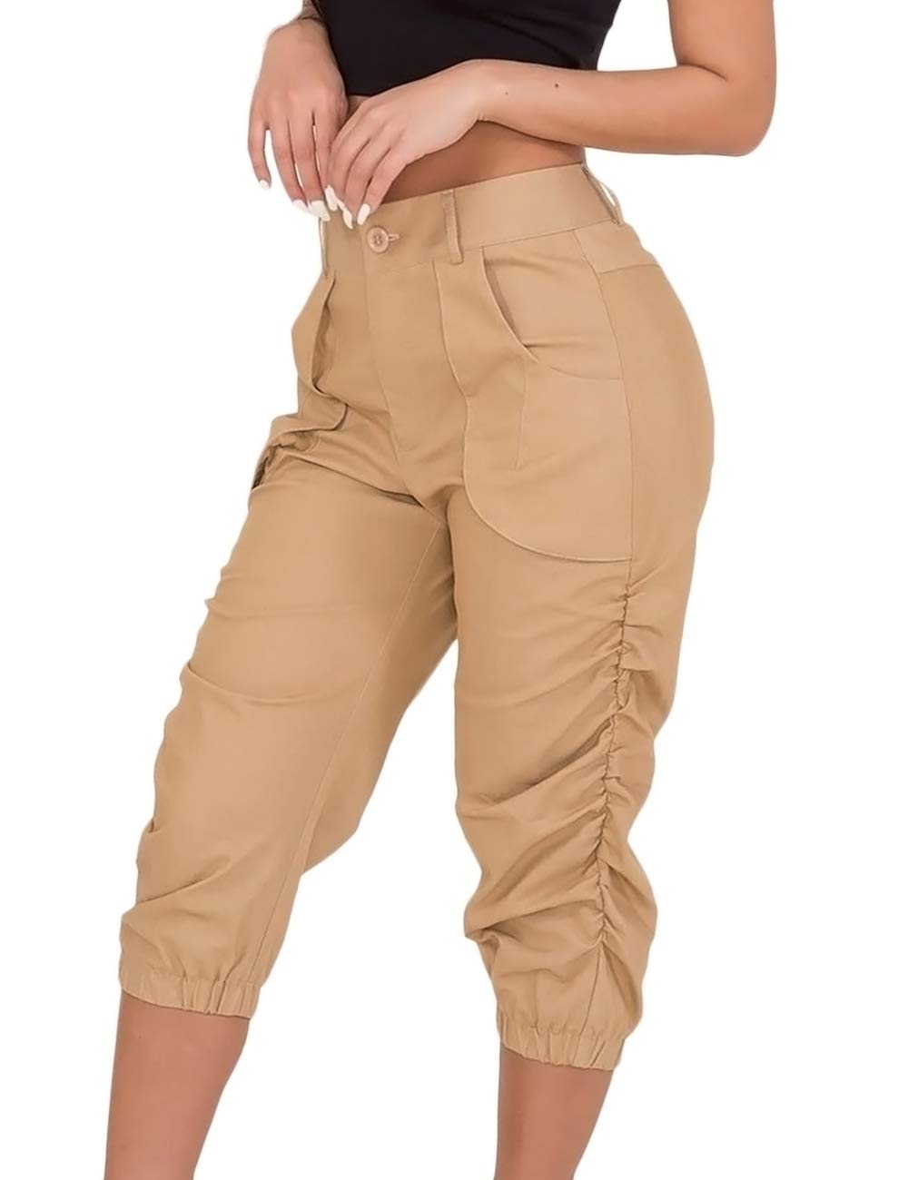 Somthron Womens Oversize High Waisted Ruched Sweatpants Capris