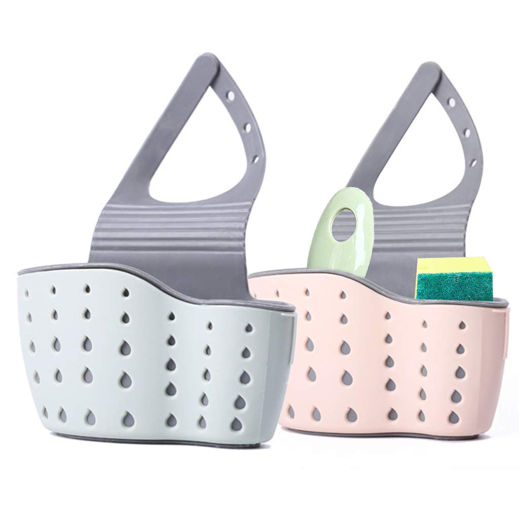 2Pcs Sink Hanging Sponge Holder Kitchen Caddy Sponge Drain Holder for Sink Hanging Ajustable Strap Silicone Sponge Caddy Drain Holes For Kitchen Organizer Sink Accessories (Blue/Pink)