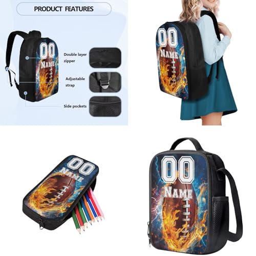 Tuoxiukan Personalized Football Backpack for Boys 8-12 Custom Kids Backpack with Name and Number 3 Piece Bookbag with Lunchbox and Pencil Case Set for Girls Teenager Ages 14-16 Rucksack 17 Inch4