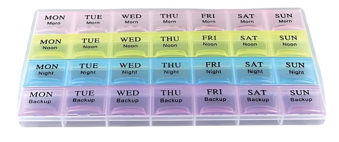 Mshine Medicine Pill Organizer 28 Slot Pills Reminder Case 7 Days 4 Times Daily for Morning, Noon, Night & Backup Compartments Box Food Grade BPA Free, Travel & Home (Pack Of 1)-picture-10