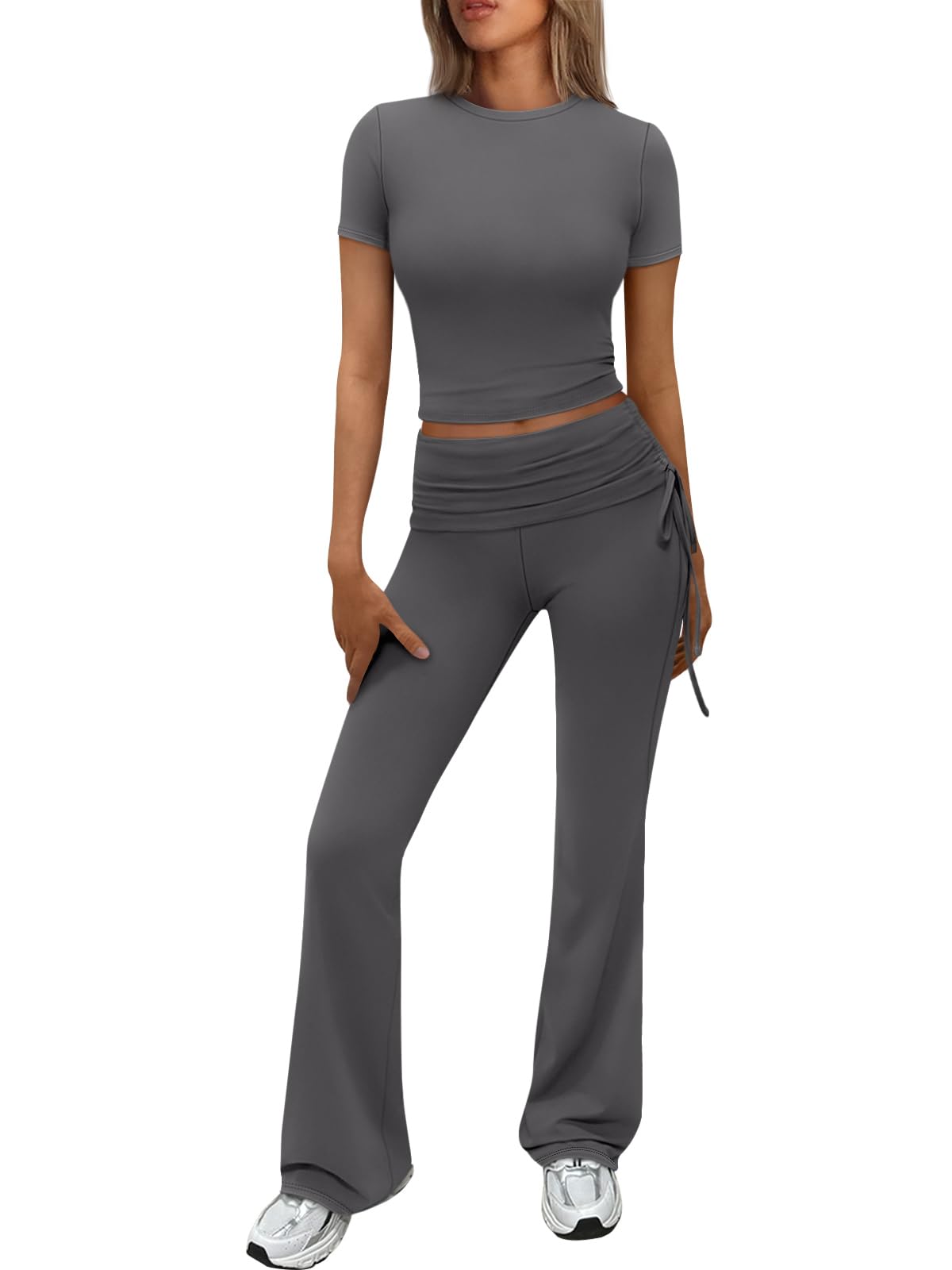 Trendy Queen Womens 2 Piece Outfits Lounge Sets Summer Short Sleeve Cropped Tops and Drawstring Flare Pants Tracksuits