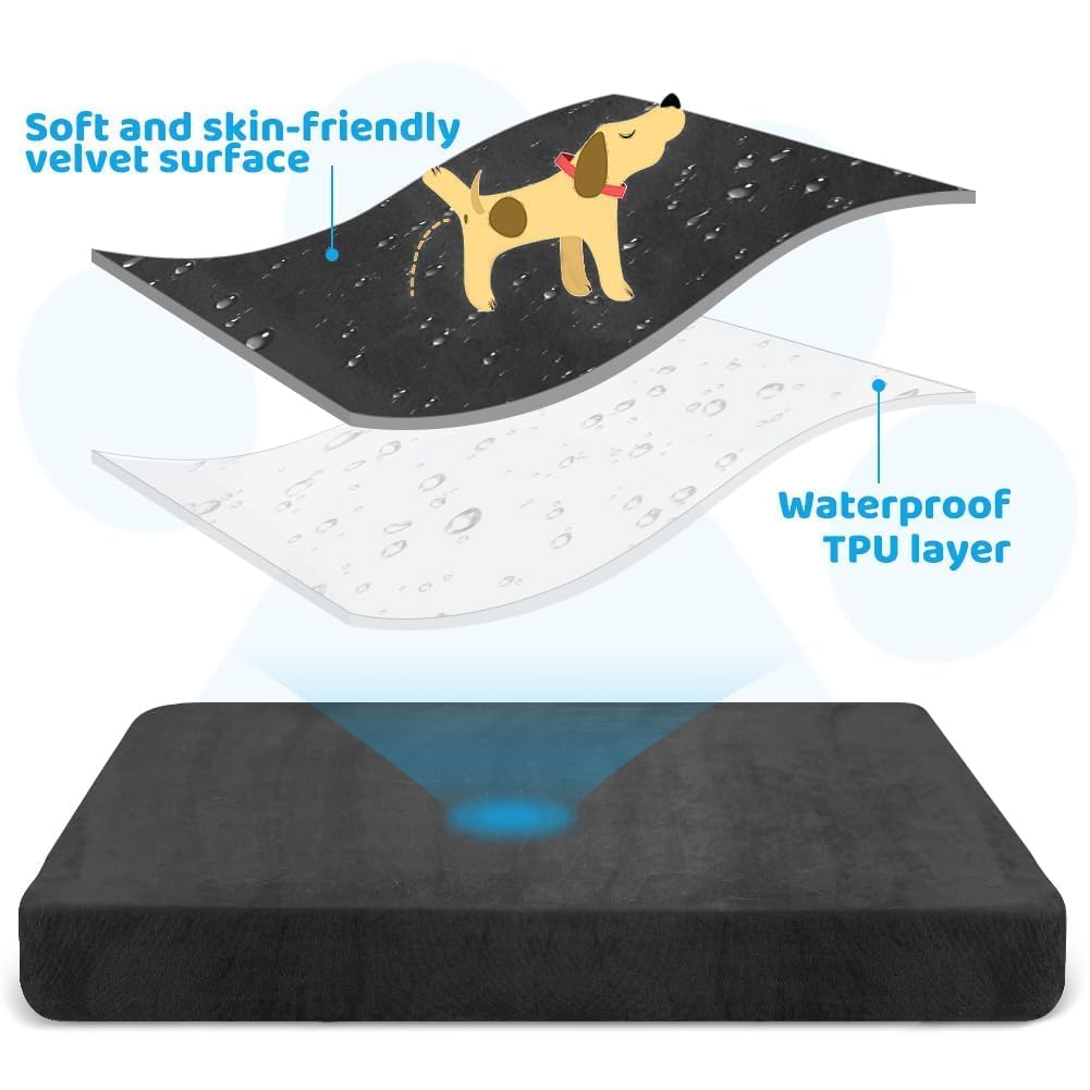 DUJUIKE 100% wasserdichter Ersatzbezug für Hundebett, weicher Plüschbezug, Samt-Matratzenbezug für Hunde, Waschbarer, Abnehmbarer Hundebezug, Hundematratzeneinlage mit Gummiband(Schwarz,XL)