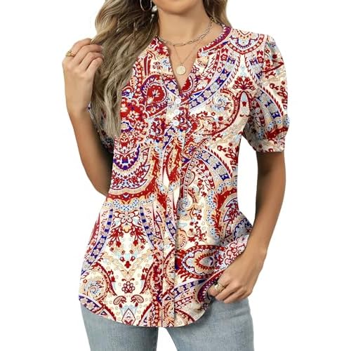 Kistore Women's Short Sleeve Tops Dressy Casual Business Work Blouses V Neck Chiffon Top Office Shirts X-Large B Boho Red