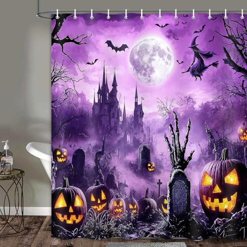 Image of Boziqr Halloween Shower Curtain Scary Night Moon Witch Haunted House Pumpkin Bathroom Decor Fall Autumn Gothic Bath Curtain Purple Waterproof Polyester Fabric Set 70 x 70 Inch