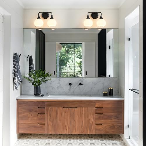 Image of Black Bathroom Light Fixtures 2 Lights Vanity Lights with Milky White Frosted Glass Shade Bathroom Vanity Light 14 inch Wall Sconce Lighting Bath(Exclude E26 Bulb)