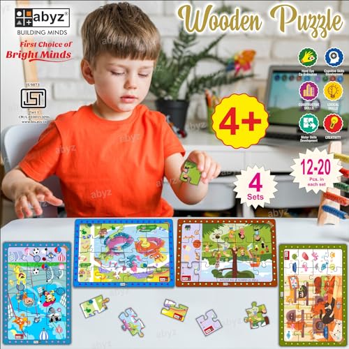 Image of ABYZ Wooden Jigsaw Animals Sports Day, Children's Playtime, Lazy Cats, Unicorns Pooltime, Puzzles 63pcs for Kids with Find The Things of Age 3+, Set of 4