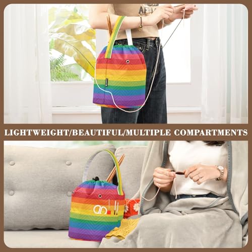 Image of ElliTarr Crochet Bag Yarn Bag with Handle Portable Knitting Project Bag Travel Yarn Storage Organizer Holder Case Rainbow Color Stripes