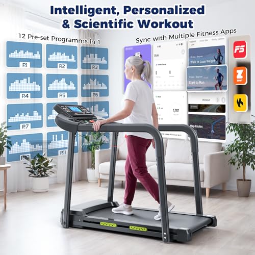 Senior Walking Treadmill with APP Workouts, Extra-Wide 16.55" Deck, 2.5HP Quiet Motor, Extra-Long Handrails, 0.5-7.5MPH Low-Impact, 300LBS Capacity, Heart Rate Sensor, 12 Programs, Foldable - Image 4