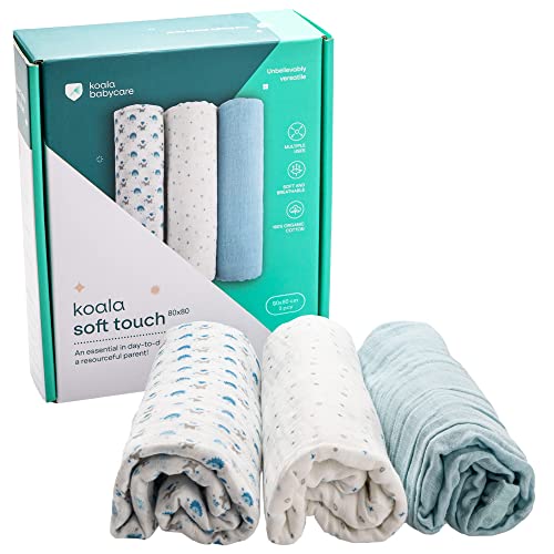KOALA BABYCARE - Langes Coton 80x80cm - Paquet de 3 pièces - Lange Bébé en Coton pour Allaitement et Emmaillotage (Swaddle) Nouveau-né - Idéal comme Cadeau Nouveau-né - Blue Clair Cover