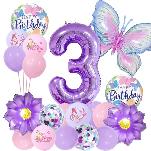 JWTRSVTY 20 peças Borboleta balões de alumínio, decoração borboleta festa de aniversário, balão número 3 anos, balões de cor latex, balão de borboleta decoração infantil, para meninos meninas