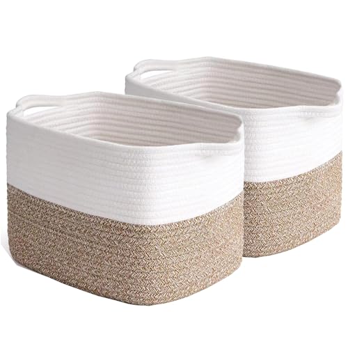 Image of Poschnor 2 Pack Storage Basket for Organizing, Gift Basket Empty, 15''X10''X9'' Storage Bins, Rope Basket with Handles, Blanket Basket for Living Room, Bedroom, Laundry, Nursery, Brown/White.