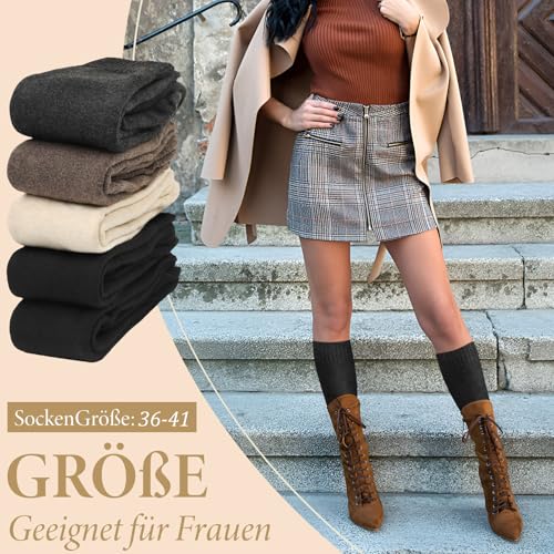 Tialfas 5 Paare Kniestrümpfe Damen, Warme Damen-Kniestrümpfe Baumwolle Weichem Touch Knee High Socks Schwarz Komfortables für Hiking Outdoor Alltag und kalte Winter