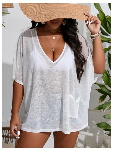 WDIRARA Women's Plus Size Deep V Neck Sheer Cover Up Top Loose Beach Coverups2