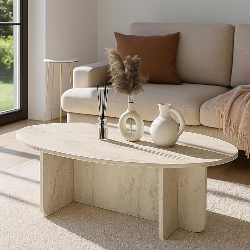 moebel17 Couchtisch oval 120x60 cm Travertin-Optik ovaler Wohnzimmertisch in Stein-Optik Beige moderner Sofatisch Wohnzimmer Beistelltisch Couch Couchtisch Holzoptik