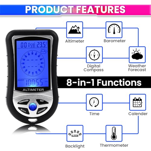 Image of amiciSense Ultra Practical 8 in 1 Digital Compass Altimeter Barometer Thermometer Weather Forecast Time Height Gauge LCD Backlight with 2 AAA Battery (Included)