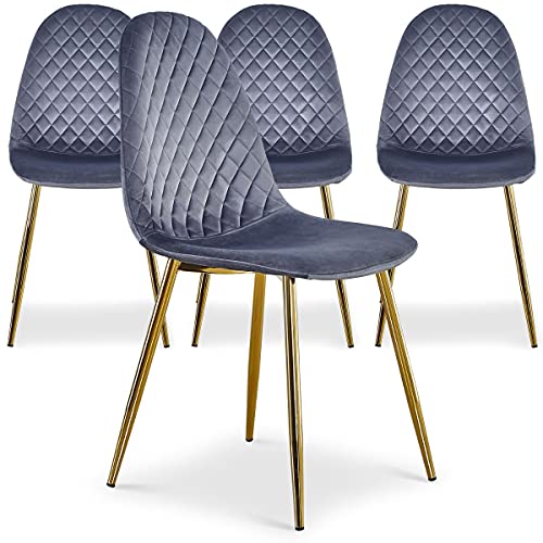 Menzzo Lot de 4 chaises Norway en Velours Argent – Chaises matelassées avec Pieds métal doré – Design Contemporain élégant – Salle à Manger &...