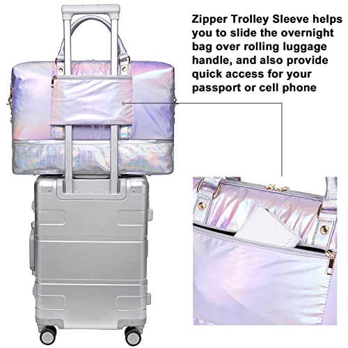 Image of CAMTOP Travel Duffle Bag Women Men Waterproof Shoulder Weekender Overnight Carryon Bag Sports Tote Gym Bag with Shoe Pocket and Trolley Sleeve, Purple