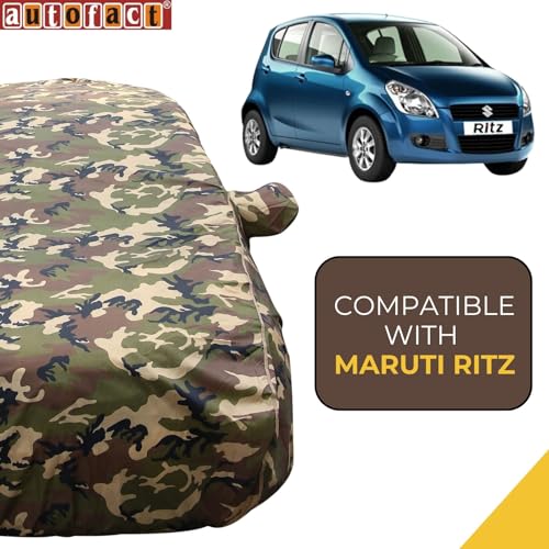 Image of Autofact 100% Waterproof Car Body Cover Compatible with Maruti Ritz (2009 to 2017), with Mirror Pockets, 4 x 4 American Matty, Long Lasting Strong Durable Material, Camouflage Army Look