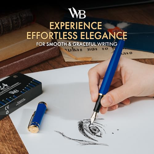 Image of Wordsworth & Black Fountain Pen Set for Writing, Extra Fine Nib, Blue | Gift for Men & Women, Brass Body, 18K German Iridium, Calligraphy, Converter + 24 Ink Cartridges, Refillable, Leak-Free