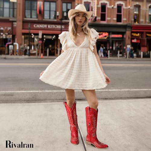 Image of Rivalran Cowboy Boots for Women - Knee High Pointed Toe Chunky Heel Pull On Zipper Western Cowgirl Boots, Retro Country Vintage Fashion Tall Boots