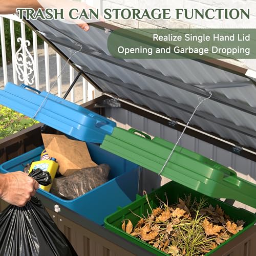 Image of AECOJOY Outdoor Trash Can Storage Shed, 46 Cu.Ft Metal Garbage Bin Enclosure with Lift-Up Lid & Gas Strut, Waterproof Outdoor Garbage Can Organizer, Bike Shed Backyard Patio Garden, Brown