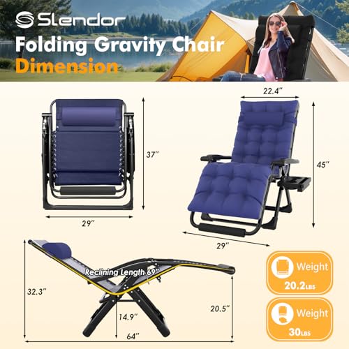 Image of Slendor Oversized Zero Gravity Chairs XL, 29in Padded Recliner Chair, Blue | Reclining Lounge Chair, Folding Anti Gravity Chairs w /Aluminum Alloy Lock,Headrest,Cup Holder, Support 440lbs,for Lawn Patio