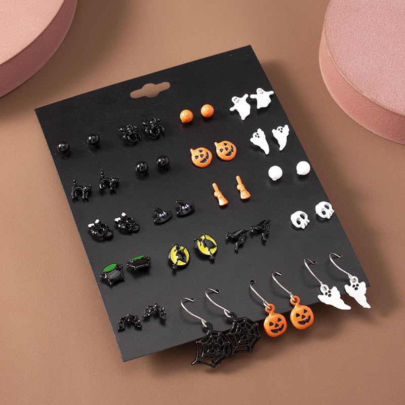 ASHMITA 20 Pairs Halloween Stud Earrings Sets Pumpkin Spider Bat Black Cat Ghost Witch Candy Spooky Fall Skull Drop Earring Set Jewelry Gift for Women - Image 3