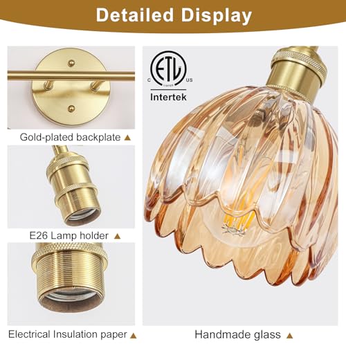 Image of Vintage Bathroom Light fixtures, Gold Vanity Lights, ETL Certified | 14.57 in, Amber Tulip Glass Shade, Hardwired Bathroom Vanity Light, E26 Socket, Bulbs Not Included