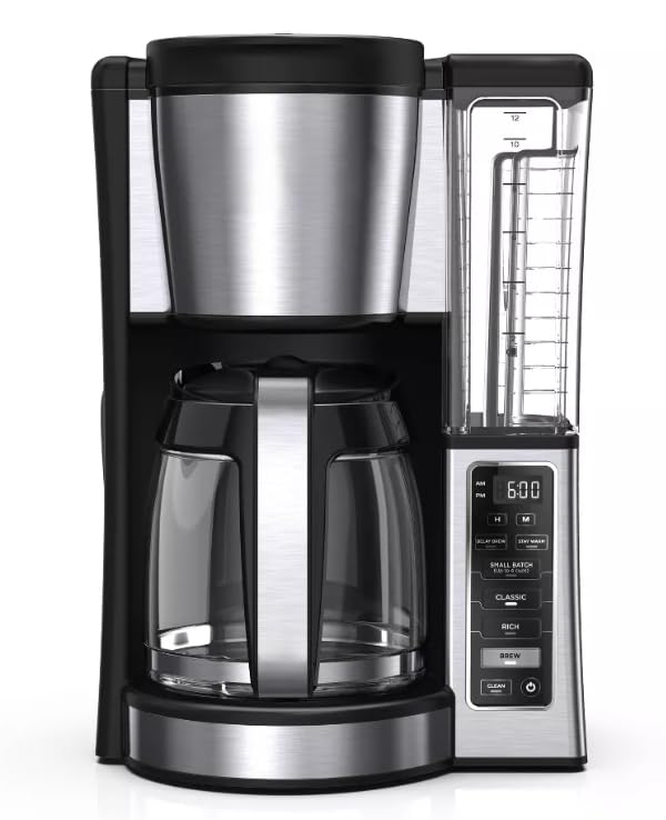 Niinjaa 12 Cup Programmable Coffee Brewer, 2 Brew Styles, Adjustable Warm Plate, 60 oz Water Reservoir, Delay Brew, color Black/Stainless Steel (model CE 251)