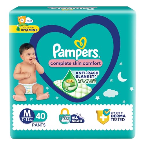 Image of Pampers Complete Skin Comfort Pants, Anti-rash blanket, Lotion with Vitamin E & Aloe Vera, Medium size baby diapers (MD) 40 Count, 7-12 kg (Pack of 3)