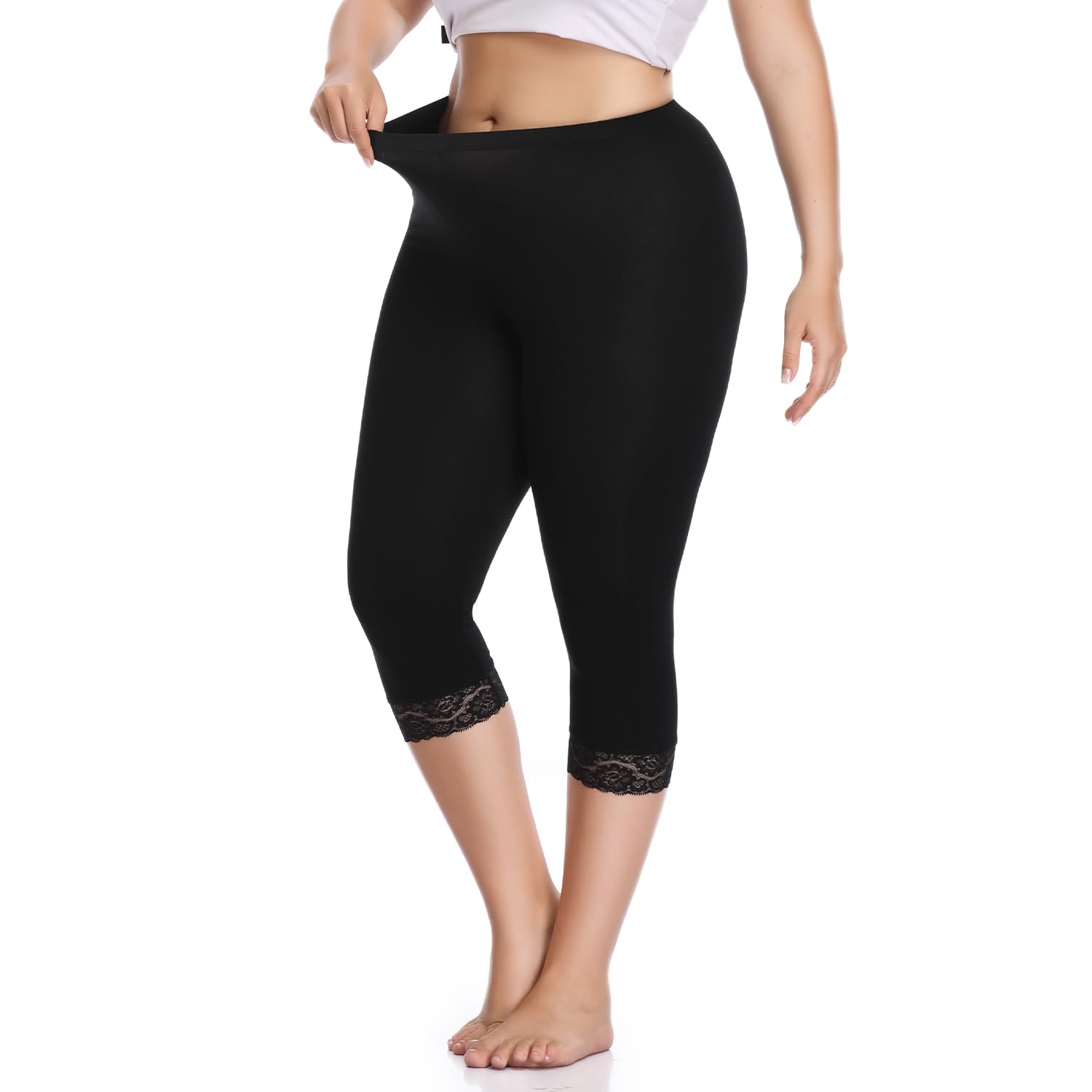 Damen Capri 3/4 Leggings High Waist Leggins Blickdicht Sporthose Sexy Bauchweg Gymnastikhose Übergröße Mit Spitze Sommer Für Yoga Gym Freizeit