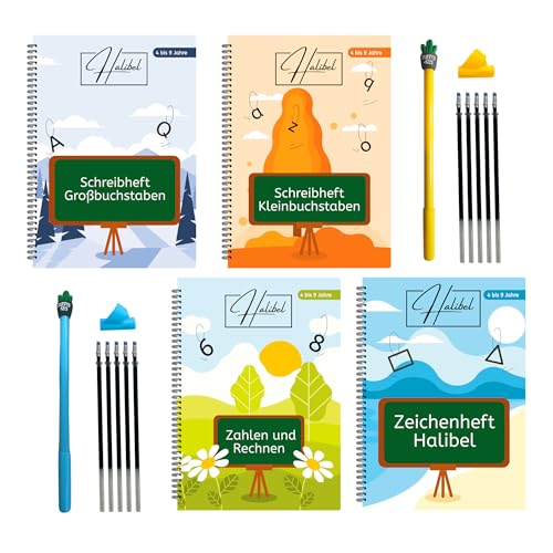 Magisches Heft von 4 bis 9 Jahren -4 Hefte- Wiederverwendbare Übungshefte für Kinder – Vorschule Übungshefte, Schreiben Lernen, Schreiblernheft für Jungen & Mädchen -2 Stifte,2 Griffe,10 Nachfüllungen
