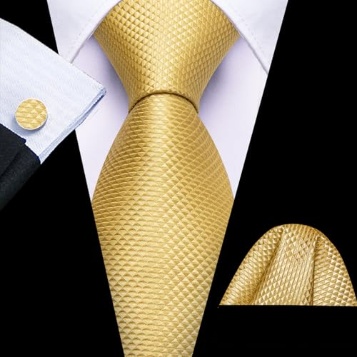 Image of Barry.Wang Tie Sets for Men Silk Stripe Necktie Woven Checkered Handkerchief Cufflinks Formal Business Wedding