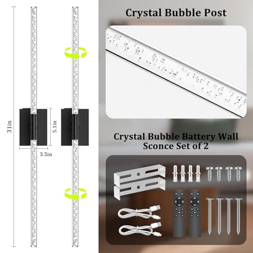 Image of iThird Crystal Bubble Wall Sconces Set of 2: 10000mAh Rechargeable Wireless Lights with Remote & 360 Rotate, 4 Color Temps Dimmable, 31.5 inch Wall Lamp for Bedroom Living Room Mirror, Black