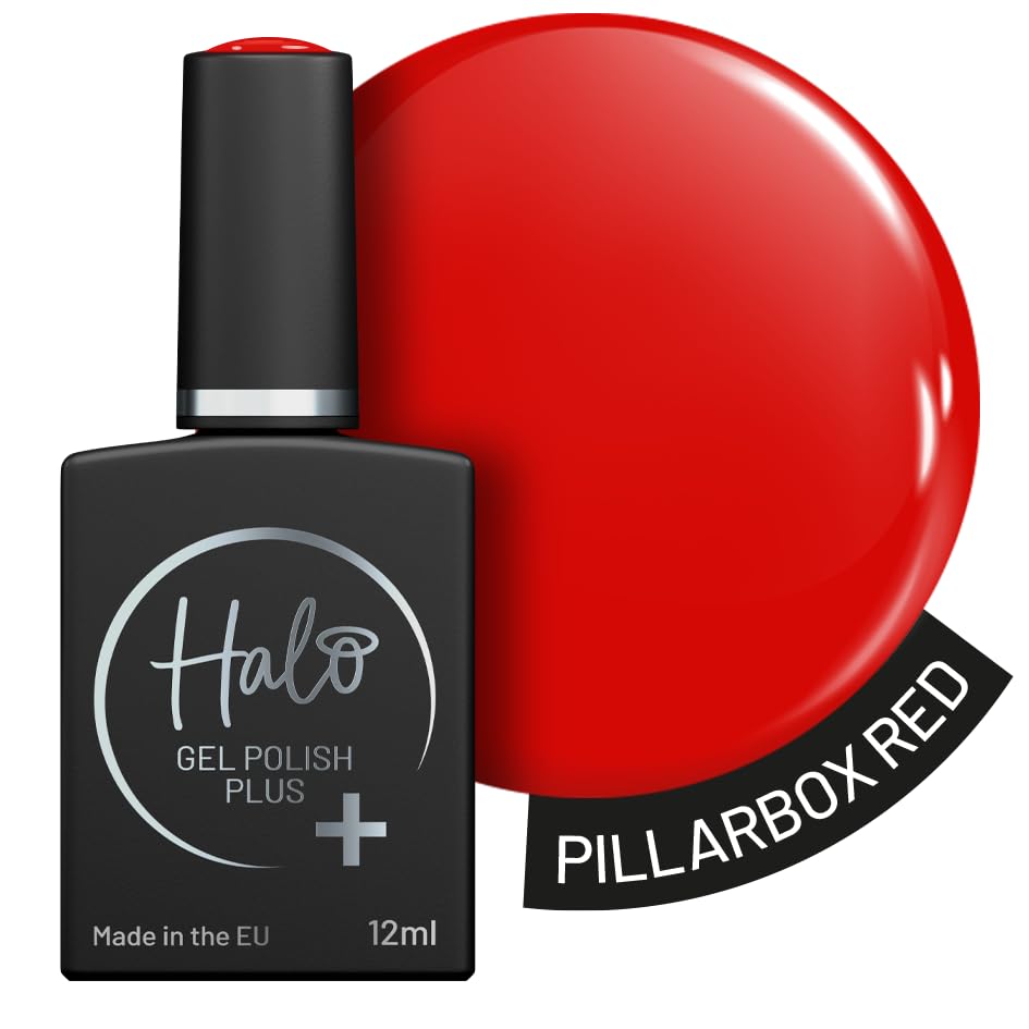 Halo Gel Polish Plus 12ml - Pillar Box Red. UV/LED Gel Nail Polish, Long Lasting & Easy To Apply. Nail Art Colours For Manicure & Pedicure. Hema Free Gel Polish For Professional & Home Use.