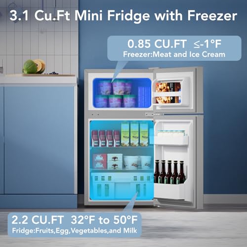 Image of Electactic Mini Fridge with Freezer, 3.2 Cu.Ft Compact Refrigerator with 2 Doors, Small Fridge with Adjustable Thermostat & Removable Glass Shelves for Bedroom, Office, Dorm, or Apartment, Grey