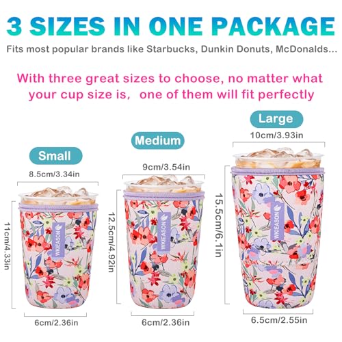 Image of Reusable Iced Coffee Cup Insulator Sleeve for Cold Beverages and Neoprene Cold Coffee Cup Sleeves Cooler Cover 16-32OZ for Coffee Cups, McDonalds, Dunkin Donuts, More (Flower Red)