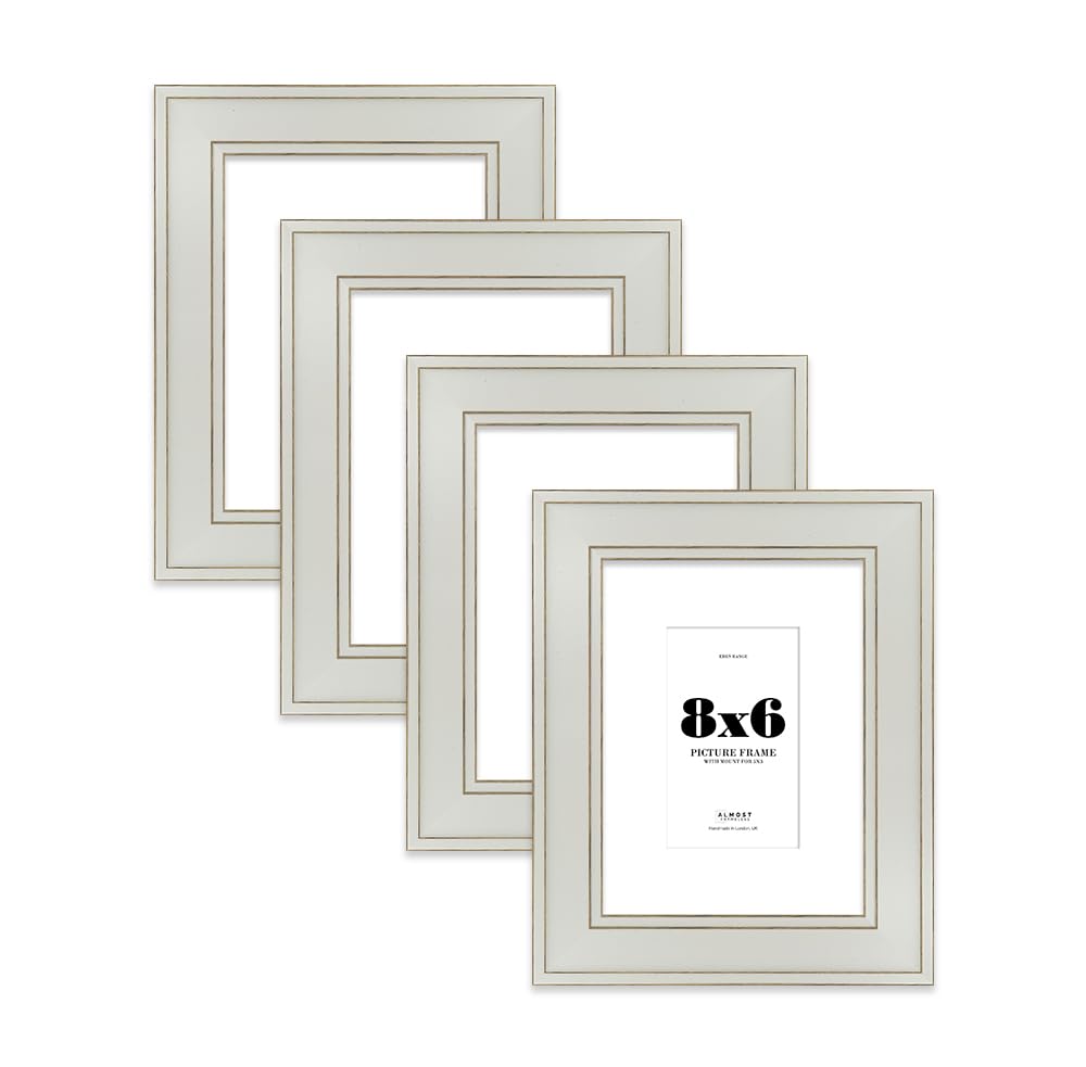 8x6" Light Grey Picture Frame with 5x3" Mount - Shabby Chic Photo Frame with Distressed Finish, Gold Trim, Wall Hooks and Kickstand, 37mm Edge - 4 Pack