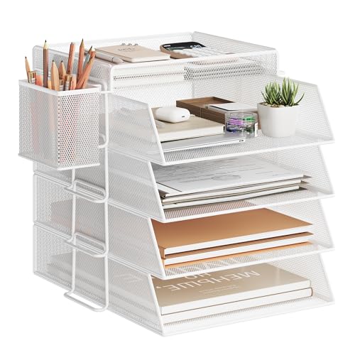 VITVITI Stapelbare Briefablage, Schreibtisch Organizer mit 4 Aktenhalter und 1 Stiftehalter, für A4 Dokument, Büro Organizer aus Metall, Schreibtischablage für Büroablage, Postkörbe (Weiß)