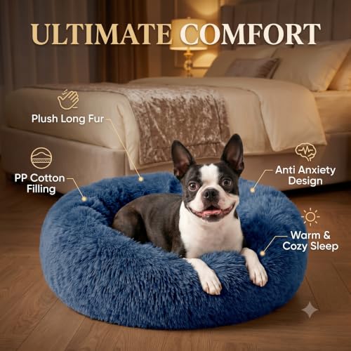 Image of ZEXSAZONE Round Donut Pet Bed for Cats and Puppies Dogs, Cozy and Plush, Raised Bedside Support, Both Sides Use Like 2 in One, Washable, Sizes for Small, Medium, and Large Pets. (Blue, Medium)