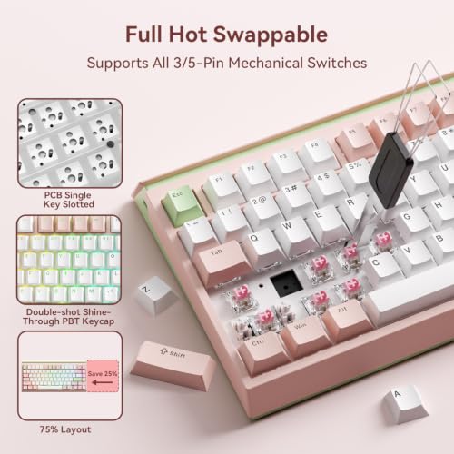 Image of AUSDOM U75 Silent Wireless Mechanical Keyboard, Hot Swappable 75% Creamy Gaming Keyboard with 2.4GHz /USB-C /BT5.0,Shine Through PBT Keycaps, RGB Backlit Custom Keyboards for Win /Mac /PC (Silent Version)