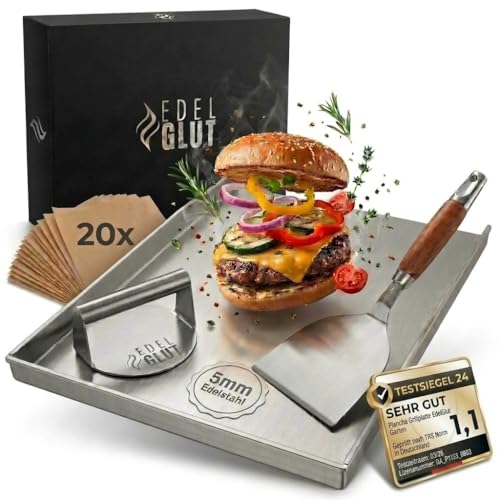 Plancha-Grillplatte-Set - 5mm Premium-Edelstahl-Grillplatte inkl. Burgerpresse Grillspachtel Burgerpapier Rezeptbuch - Smash-Burger-Set - Grill-Zubehör-Männer-Geschenk