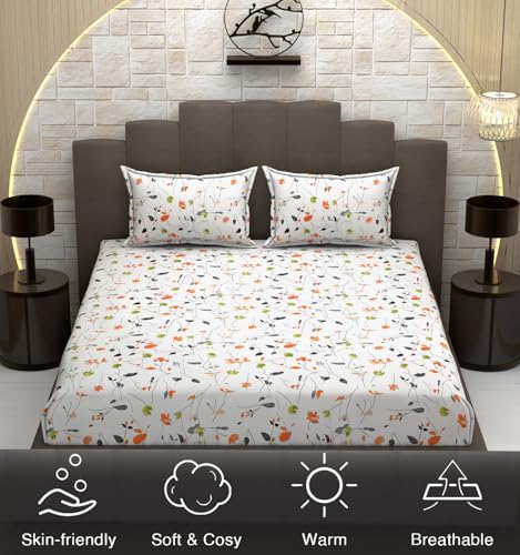 Image of 240 TC Soft Ezyption Cotton Floral Print King Double Bed bedsheet - with 2 Pillow Covers,bedsheet for Double Bed King Size Hypoallergenic, Brethable, (Size- 90 x 90 Inch) White Orange