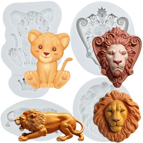 Sijiangmold Moldes de silicona 3D con cabeza de león para fondant para animales de la selva, decoración de pasteles, chocolate, cupcakes, dulces, arcilla polimérica, pasta de flores, juego de 4
