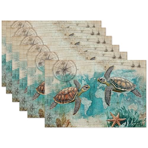 Retro Sea Turtle Placemats Set of 6,Starfish Coral Dinner Table Mats Non-Slip Washable Mats for Kitchen Dinner Party Tablemat 12x18Inch