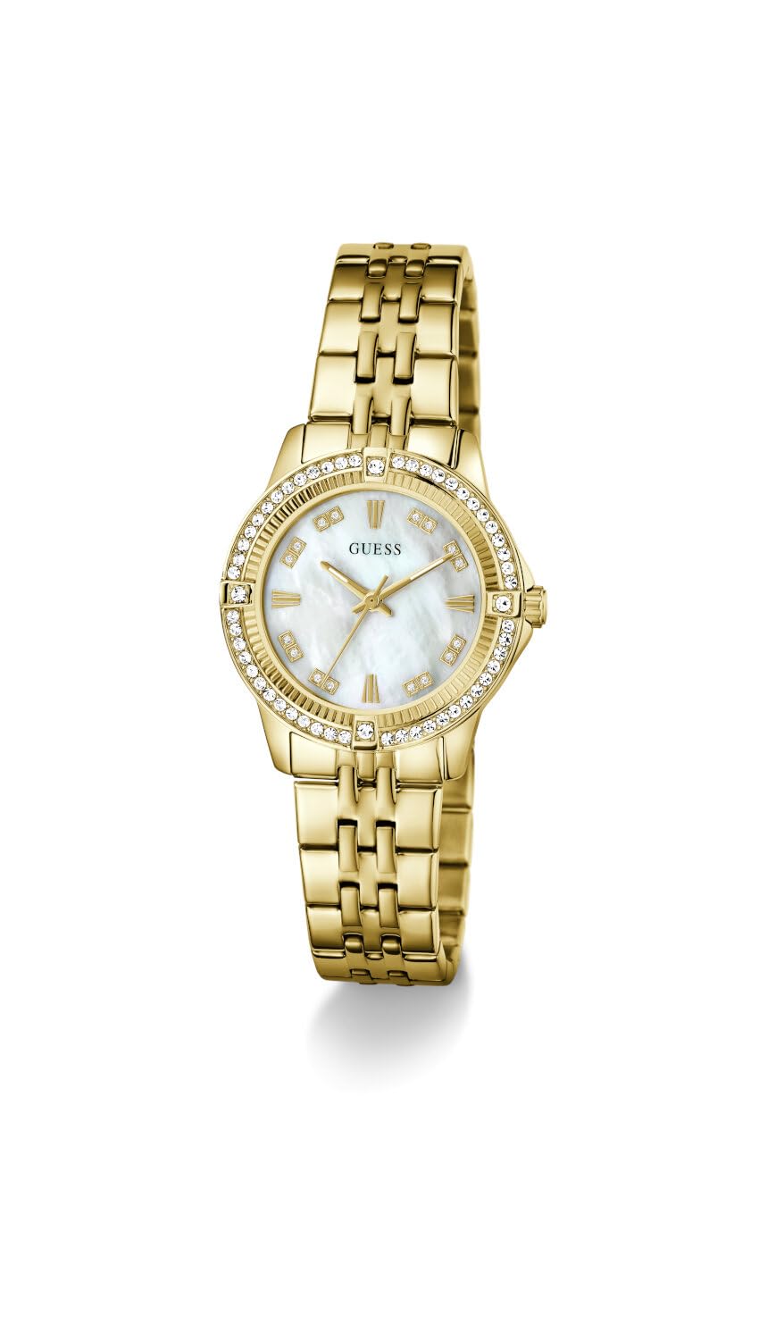 Guess Damen Armbanduhr GW1027L2 Colette Pearl, 32 mm Edelstahl Gold, Perlmutt Zifferblatt, Quarz, Mineralglas, 3 ATM, Zirkonia, Gliederarmband 16 mm